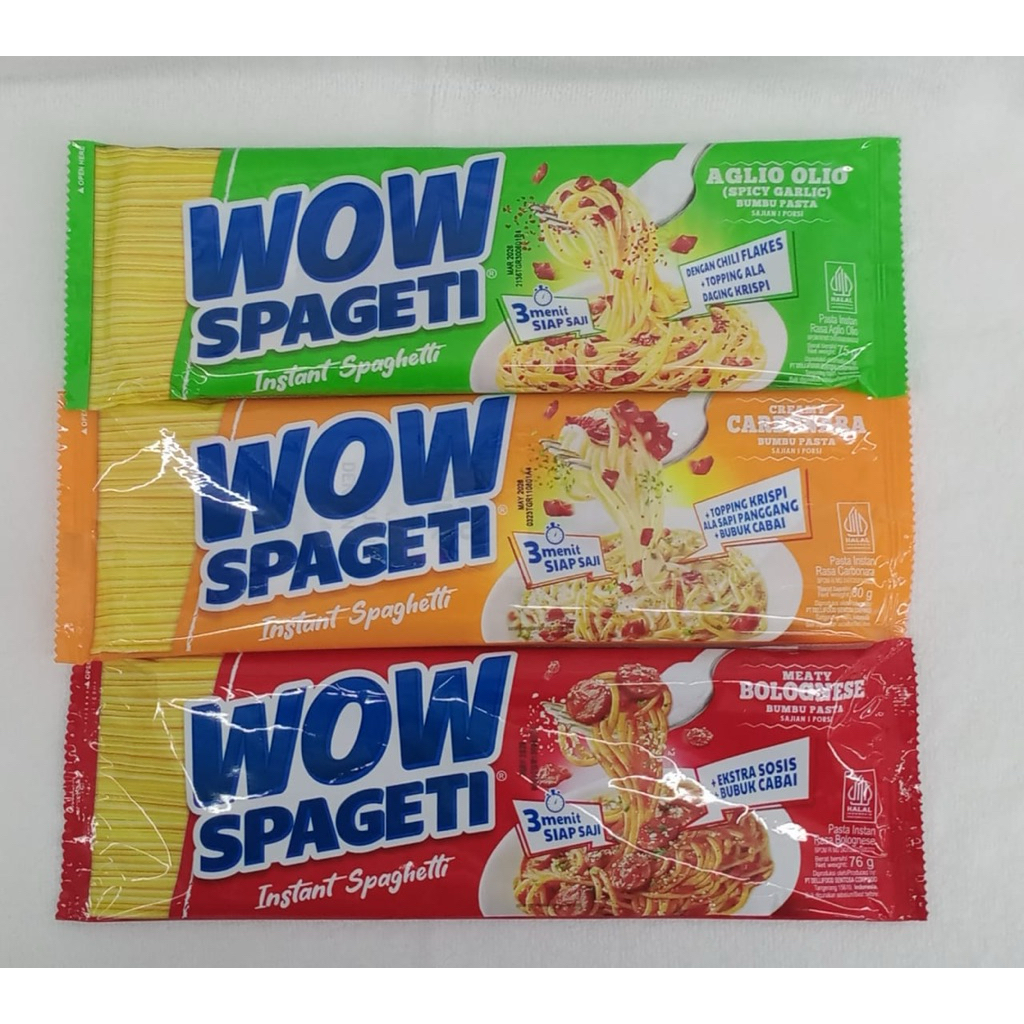 WOW Spageti สปาเกตตีสำเร็จรูป พร้อมเครื่องปรุงที่ได้รับความนิยมในอินโดนีเซีย ปรุงง่ายและรวดเร็ว ใช้เวลาเพียง 3 นาที