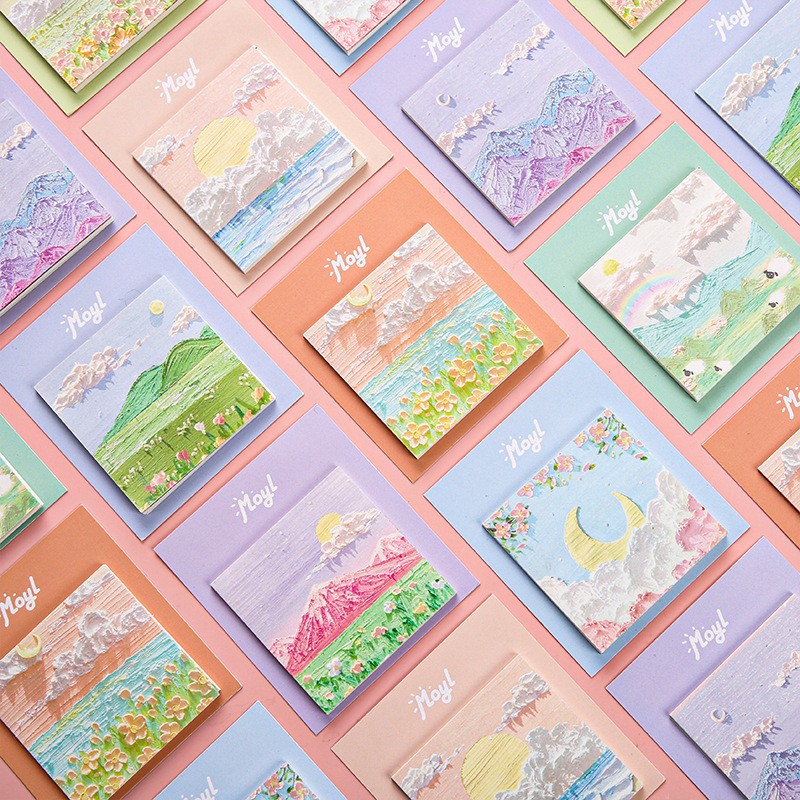 [พร้อมส่ง] กระดาษโน๊ต มีกาว ลายภาพวาดสีน้ำมัน ภาพวิว ภูเขา ดอกไม้ Oil Painting Landscape Sticky Note Paper