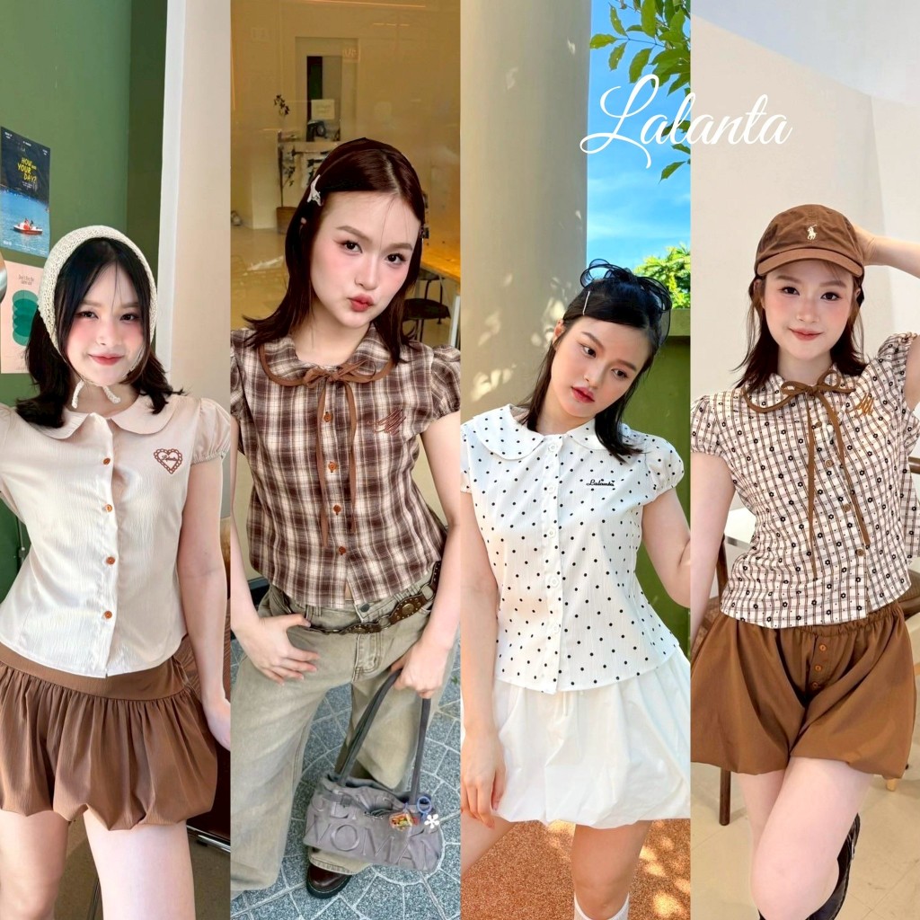 🇹🇭มีส่งด่วน🇹🇭 เสื้อลายจุด คอบัว #FF77