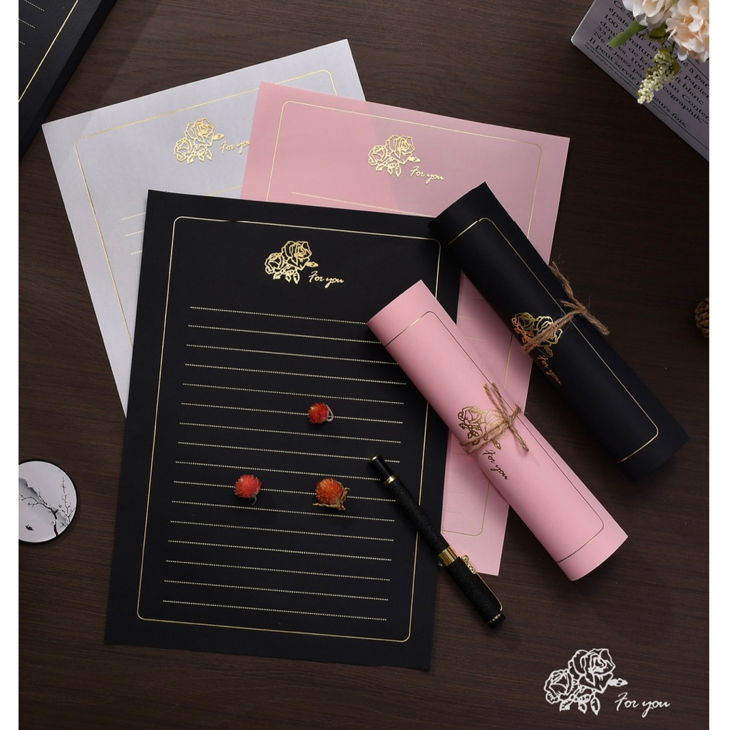 กระดาษเขียนจดหมายลายกุหลาบสีทองเรียบหรู กระดาษเขียนจดหมายวินเทจ ขนาด A5