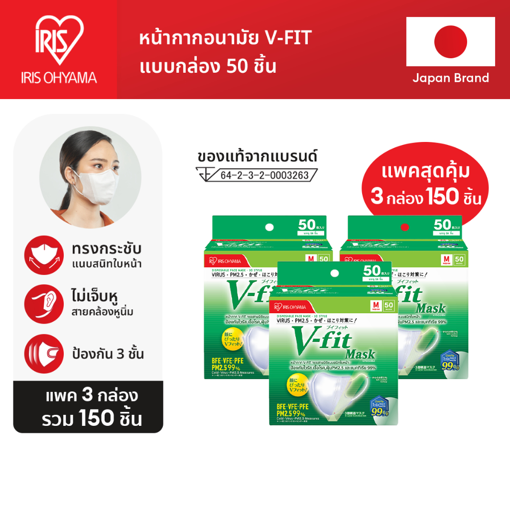 New Arrival! IRIS OHYAMA ไอริส โอยามะ หน้ากากอนามัย V-fit ใส่สบาย กระชับ แบบกล่อง 50 ชิ้น แบบแพค 3/6/10 สุดคุ้ม