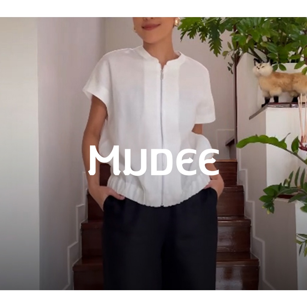 MUDEE เบลาส์ลินินแขนล้ำ ซิปหน้า สีขาว
