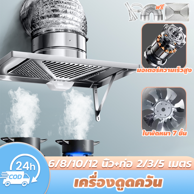 SANDE เครื่องดูดควันในครัว 6/8/10/12นิ้ว 120W เครื่องดูดควัน สแตนเลส พัดลมระบายอากาศครัว พร้อม 3mท่อลม ลมแรง คุณภาพดี