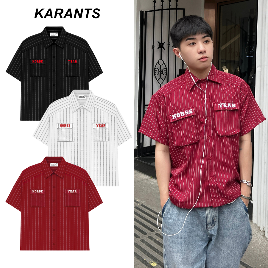 (คอลเลกชันตรุษจีน 2026) Karants เสื้อเชิ้ต Boxy ตรุษจีน ลายม้า กระเป๋าทรงกล่อง– KR302 รายละเอียดปักค