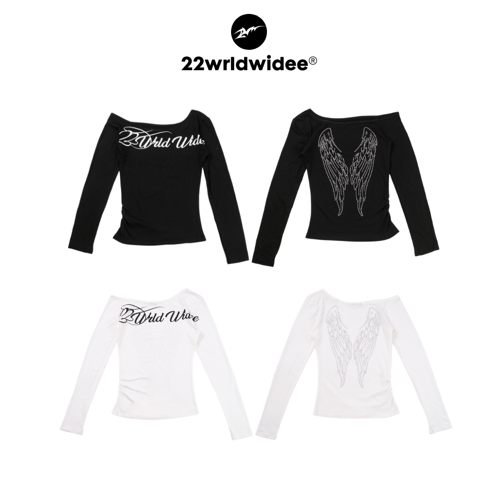 (🔥จัดส่งด่วน 1 วัน!) 22wrldwide Crystal Wings Off Shoulder Shirt เสื้อปาดไหล่ ผ้าคอตตอนสเปนเดก รีดเพชรจึ้งๆ (OC136)