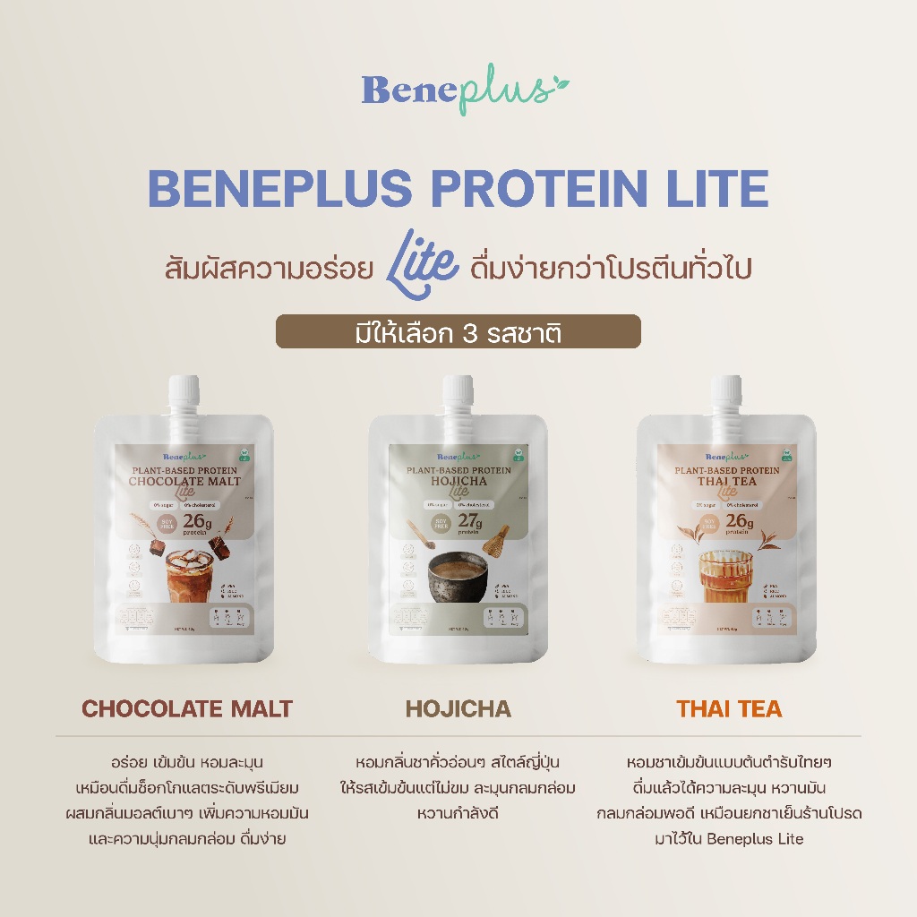 Beneplus Lite Protein (1 ซอง) : รสช็อกโกแลตมอลต์ โปรตีนพืชสูง 26g สูตร Soy Free ช่วยเผาผลาญ ดื่มง่าย ไม่มีน้ำตาล แคลต่ำ - รูปที่ 4