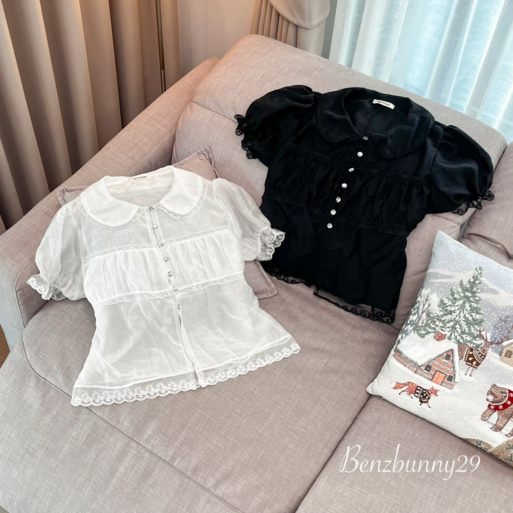 Benzbunny- รุ่น Crystal Puff (อก32-46“) สาวอวบ แต่งกระดุมเพชรชายลูกไม้ #2138