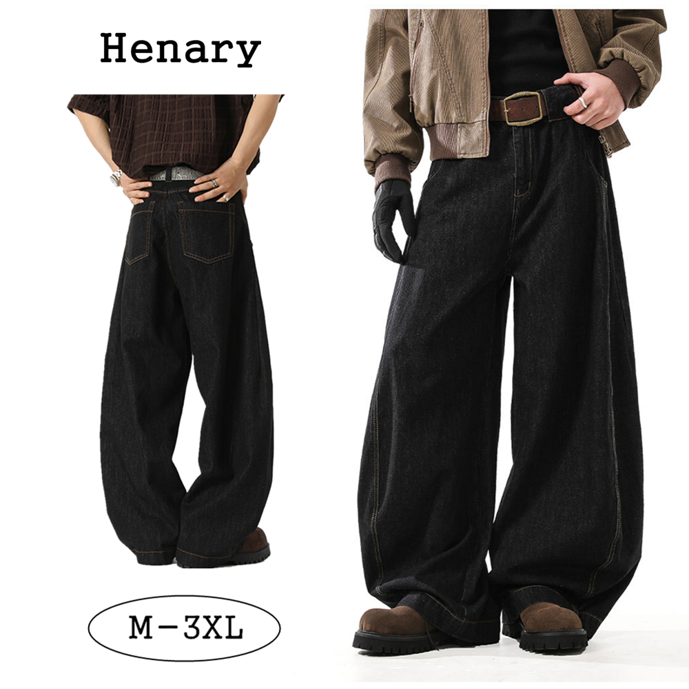 Henary กางเกงยีนส์ผู้ชาย อเมริกันวินเทจ baggyjeans  ขาตรงขาใหญ่ ทรงหลวมสบาย ใส่ได้ทุกวัน สีดำ M-3XL 
