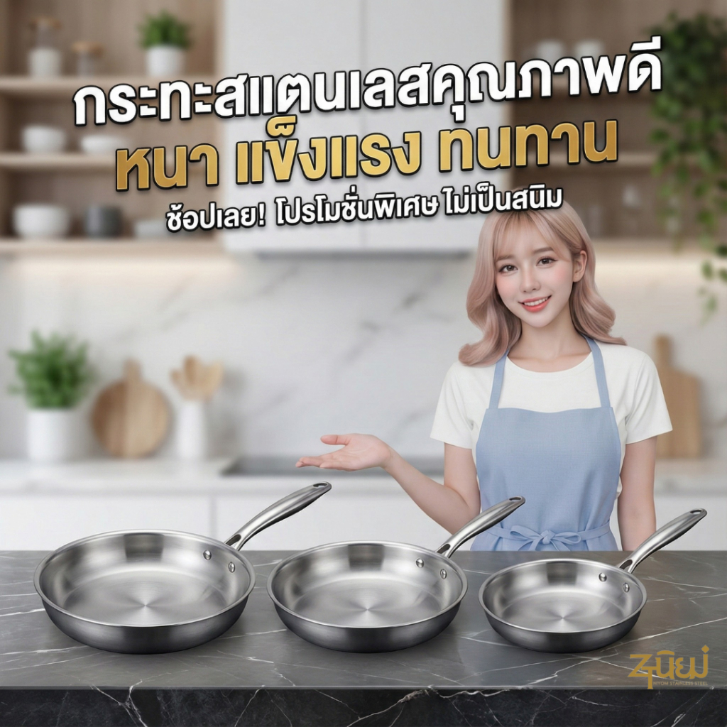 กระทะ กระทะสแตนเลส ด้ามจับสแตนเลส ร้อนเร็ว ไม่ติดกระทะ แข็งแรง ทนทาน ใช้ได้ทุกเตา ทำอาหารได้สารพัดเมนู ผัด ทอด ย่าง ฯลฯ