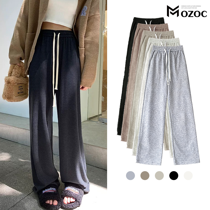 MOZOC สุภาพสตรีเอวสูงตรง Slacky ลมกว้างกางเกงขายาวฤดูใบไม้ผลิฤดูร้อนลดลงความรู้สึกสบาย ๆ กางเกงขายาว