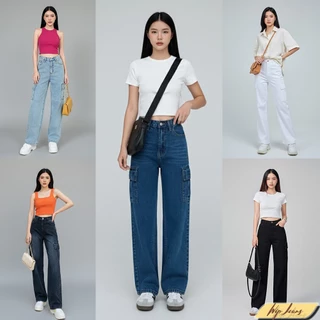 กางเกงยีนส์คาร์โก้ทรงหลวมขากว้างเอวสูง (Wide-Leg High-Waist Cargo Denim) B054