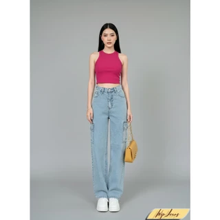 กางเกงยีนส์คาร์โก้ทรงหลวมขากว้างเอวสูง (Wide-Leg High-Waist Cargo Denim) B054