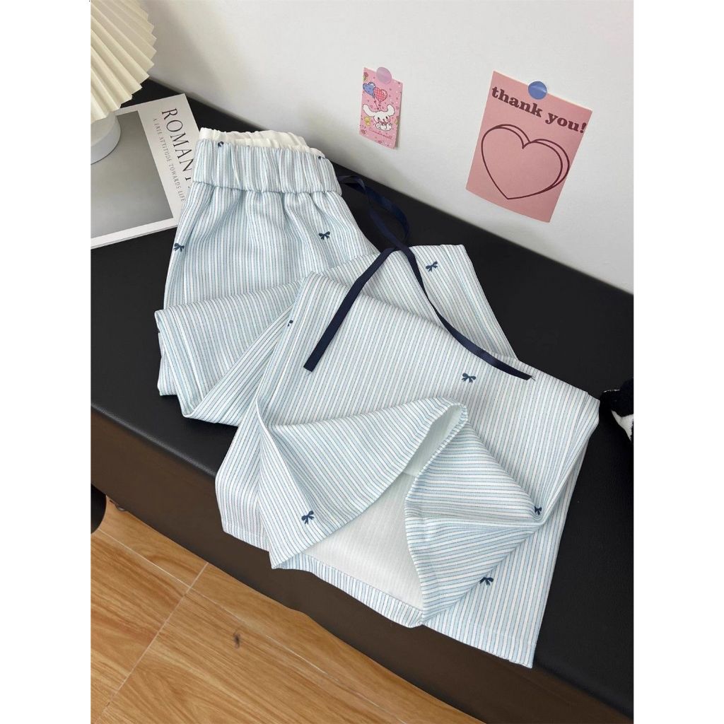 กางเกงขายาวทรงตรงลายทางสีน้ำเงินสไตล์เกาหลีสำหรับผู้หญิง ฤดูใบไม้ผลิ/ฤดูร้อน ปี 2025