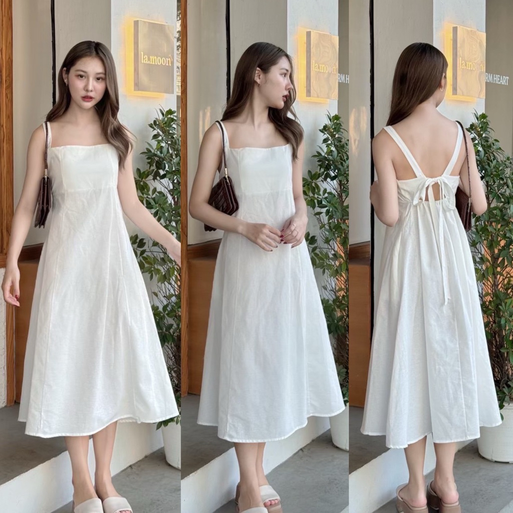 KORRA ·͜·♡เดรสดาวิกาผูกโบว์หลังผ้าลินิน🌻ด้านหลังยางสม็อคมีกระเป๋าล้วง2ข้าง✨งานน่ารักใส่ไปคาเฟ่ถ่ายรู