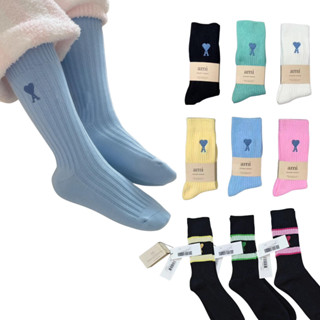 ถุงเท้า ami ข้อยาวสีพาสเทลลายริ้ว สีพื้นแบบใหม่ (พร้อมส่งในไ…