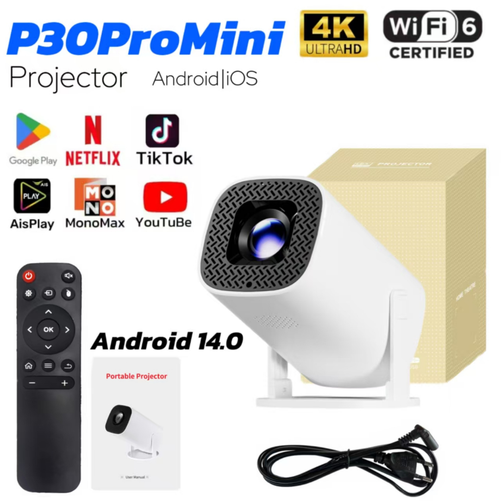 โปรเจ็กเตอร์ 4K P30 Pro Android14,0 WiFi6.0/บลูทูธ5.0 1080P HDMI/USB โฮมเธียเตอร์