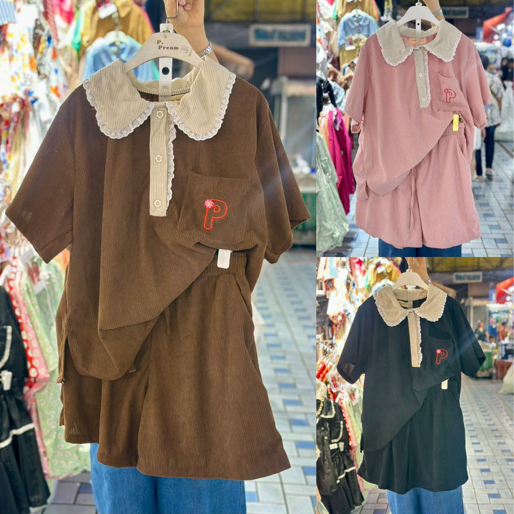 ชุดเซ็ทแฟชั่นสาวอวบ ผ้าลูกฟูก เสื้อคอปกแต่งลูกไม้สวย+กางเกงขาสั้น ทรงสวย