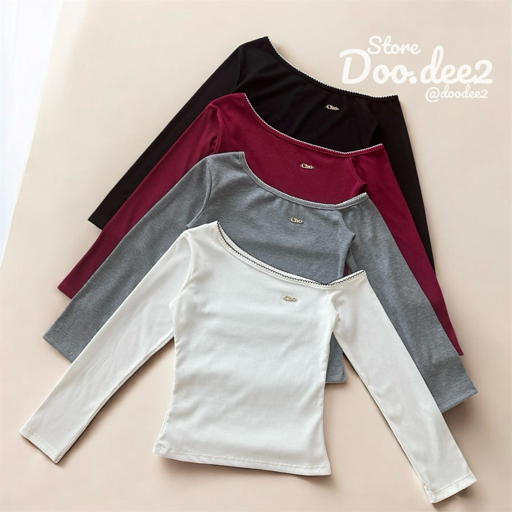 ♦️DOODEE2♦️เสื้อแขนยาวเปิดไหล่ 1 ข้าง แต่งถักคอผ้าร่องเล็ก