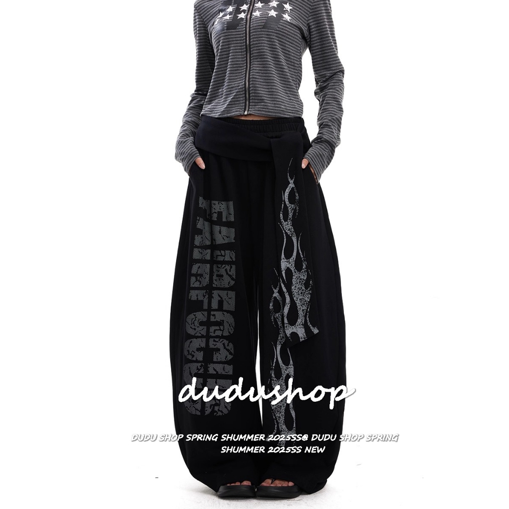 [Flame Letter Print Casual Pants]กางเกงลำลองขากว้างพิมพ์ลายฮิปฮอปสไตล์ย้อนยุคสำหรับผู้หญิง