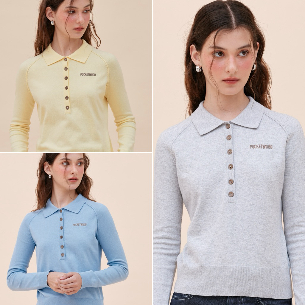 Amélie Knit Polo [พร้อมส่ง] เสื้อโปโลแขนยาว แต่งกระดุมด้านหน้า ปักโลโก้ POCKETWOOD