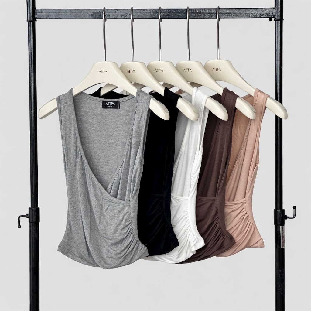 Atipashop - ELISE CURVE TOP เสื้อแขนกุด คอวี ดีเทลจับจีบด้านข้าง