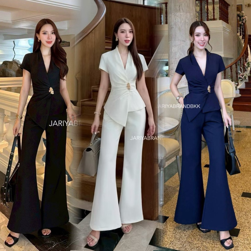 พร้อมส่ง•JARIYA•ชุดset 3ชิ้น (ผ้าสูทขึ้นทรงค่ะ) เสื้อสูทแขนสั้นมีเข็มกลัด มาพร้อมกางเกงขายาวทรงสวย