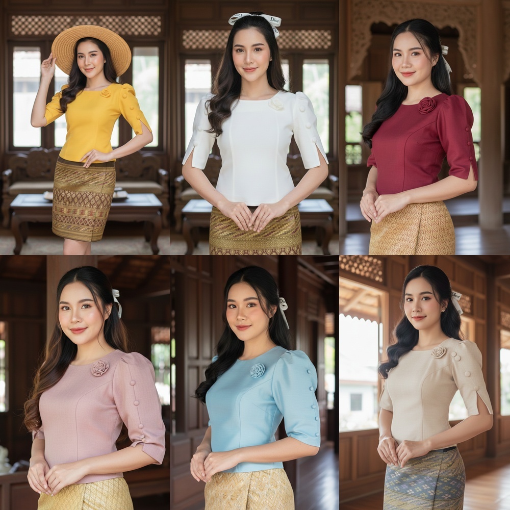 เสื้อผ้าไหมลาว เสื้อพื้นเมืองประยุกต์ แขนระบาย แต่งกระดุมตรงแขน ใส่ไปงานบวชงานบุญ สวยมาก