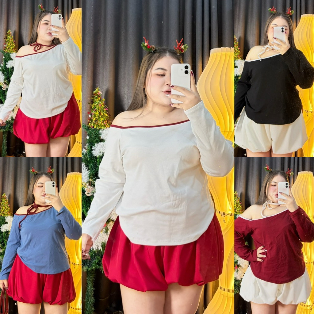 U56 เสื้อปาดไหล่ผ้ายูนิยืดเยอะมาก ใส่ได้ 2 แบบ มีโบว์ผูก