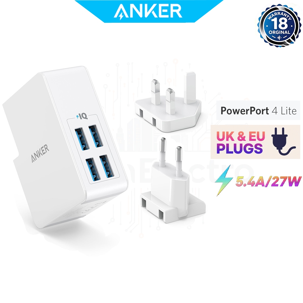 Anker 27W 4-Port Travel Charger UK/EU Plugs Included Fast Charging for Phones & Tablets