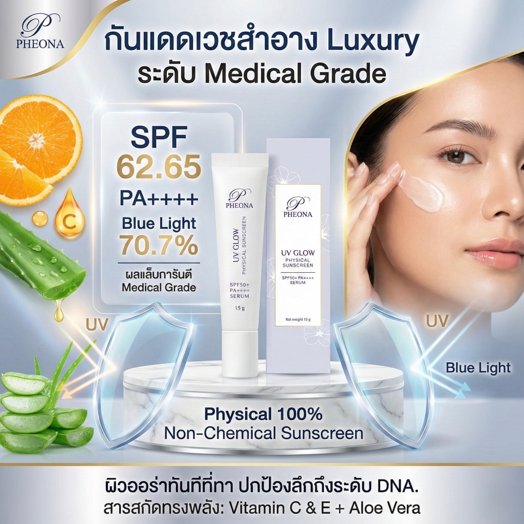 ฟีโอน่า กันแดด ผิวเย็น ออร่าทันทีที่ใช้ Physical100% ไม่มีสารเคมี PHEONA SUNBLOCK SPF50 PA+++