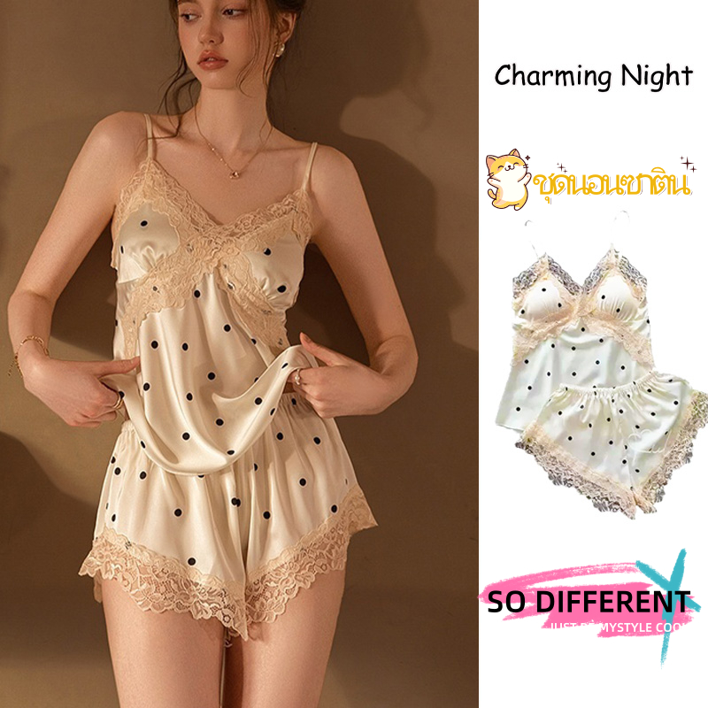 💞Charming Night💞ไวจากไทย ชุดนอนซาติน ขอบลูกไม้ ใส่สบาย คอวี  ชุดอยู่บ้าน  ลายจุด เซตชุดนอน สายเดี่ยว