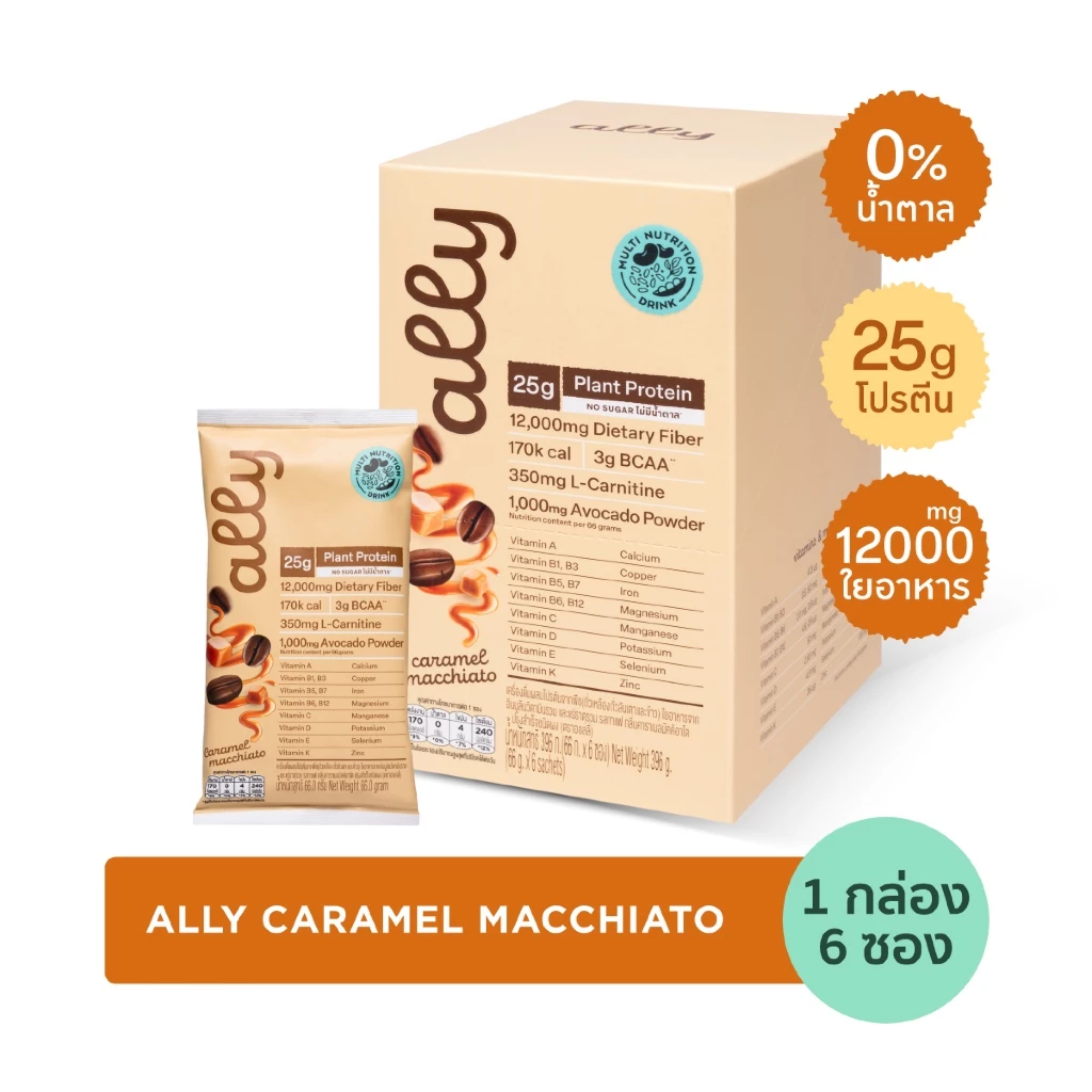 Ally powder Caramel macchiato ออลลี่ พาวเดอร์ คาราเมล มัคคิอาโต้ โปรตีนพืช ทดแทนมื้ออาหาร 1 กล่อง 6 ซอง