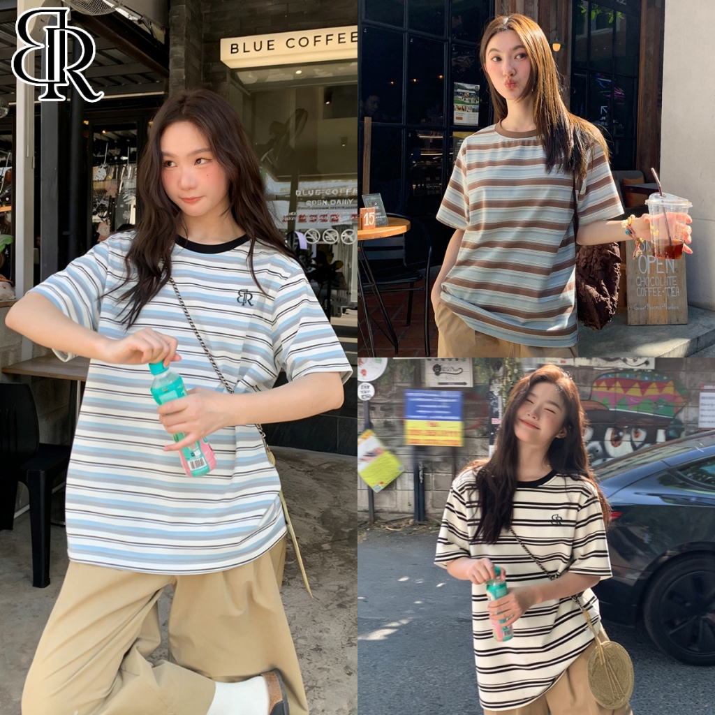 B&R พร้อมส่ง เสื้อยืดคอกลมแขนสั้นลายทางผู้หญิง เสื้อหลวม สี kontrast สไตล์เกาหลี สบาย ผ้าสวมใส่สบาย ขนาดS-2XL