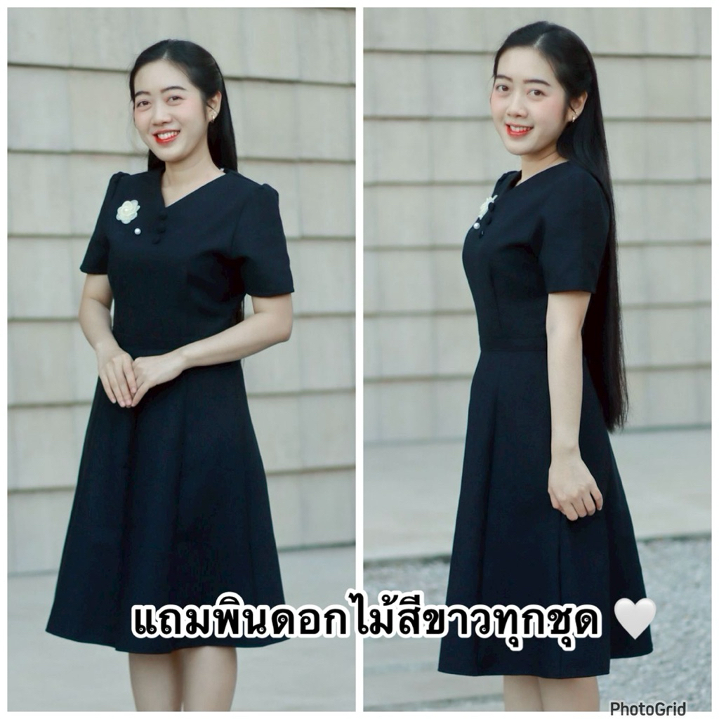 (พร้อมส่ง) sale เดรสผ้าฝ้ายอัดกาว ทรงย้วย 8 ชิ้น คอวี กระดุม 3 เม็ด แถมพินดอกไม้