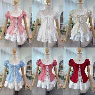 (อก28-40)เสื้อแขนตุ๊กตา ผูกโบว์หน้าดีเทลแต่ง 2 ชั้น (งานชิ้นเดียว) สาวอวบใส่ได้อกถึง 40(เสื้ออย่างเดียว) เสื้อผ้าผู้หญิง