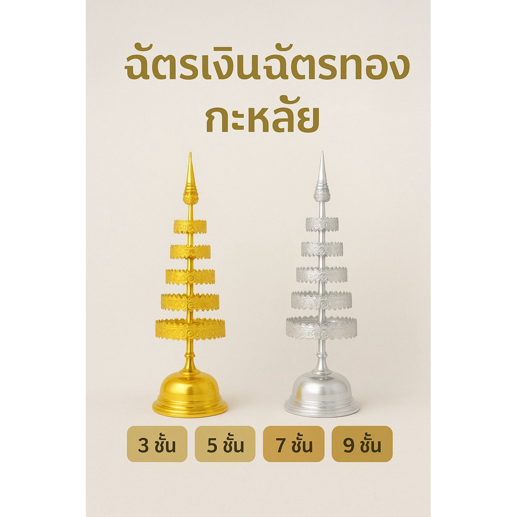 ฉัตรเงินฉัตรทอง เนื้อกะหลั่ย ฉัตรกะหลั่ย ฉัตรกะไหล่ 3/5/7/9 ชั้น ราคาต่อคู่
