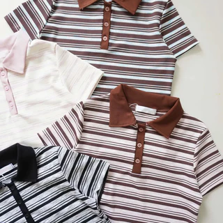 cherryshop พร้อมส่ง เสื้อยืดแขนสั้นลายทางสไตล์เกาหลีแฟชั่นลำลองสำหรับผู้หญิง ปกคอโปโล กระดุมหน้า ทรงหลวม