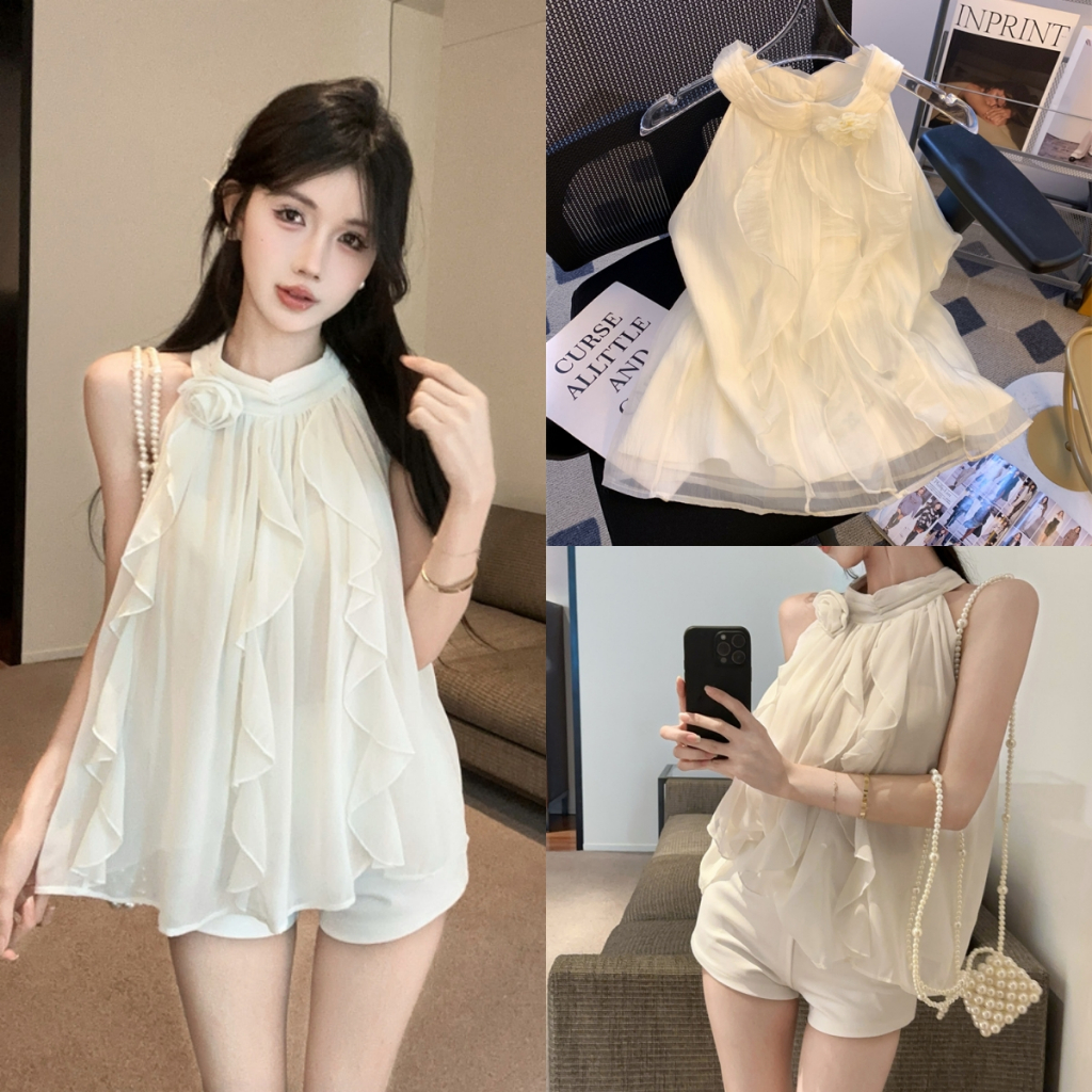 สายเดี่ยว เสื้อแขนสั้น ไตล์ฝรั่งเศส ใส่เที่ยวเก๋ๆ ออกแบบสวย แบบเก๋ #02396