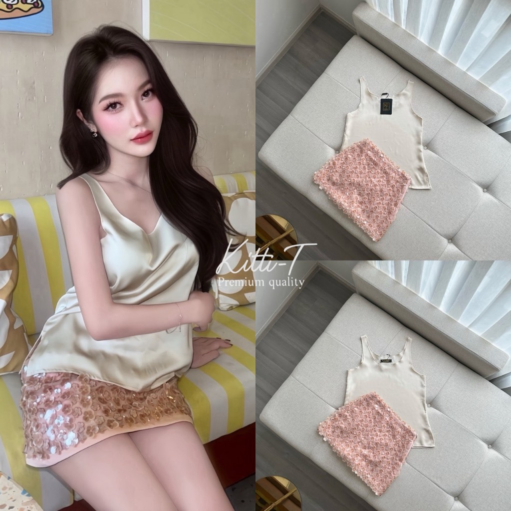 Set (2)ชิ้น เสื้อ+กระโปรง เสื้อสายเดี่ยวซาตินสีครีมงาช้าง Brand :::  KITTI-T (กิตติที)