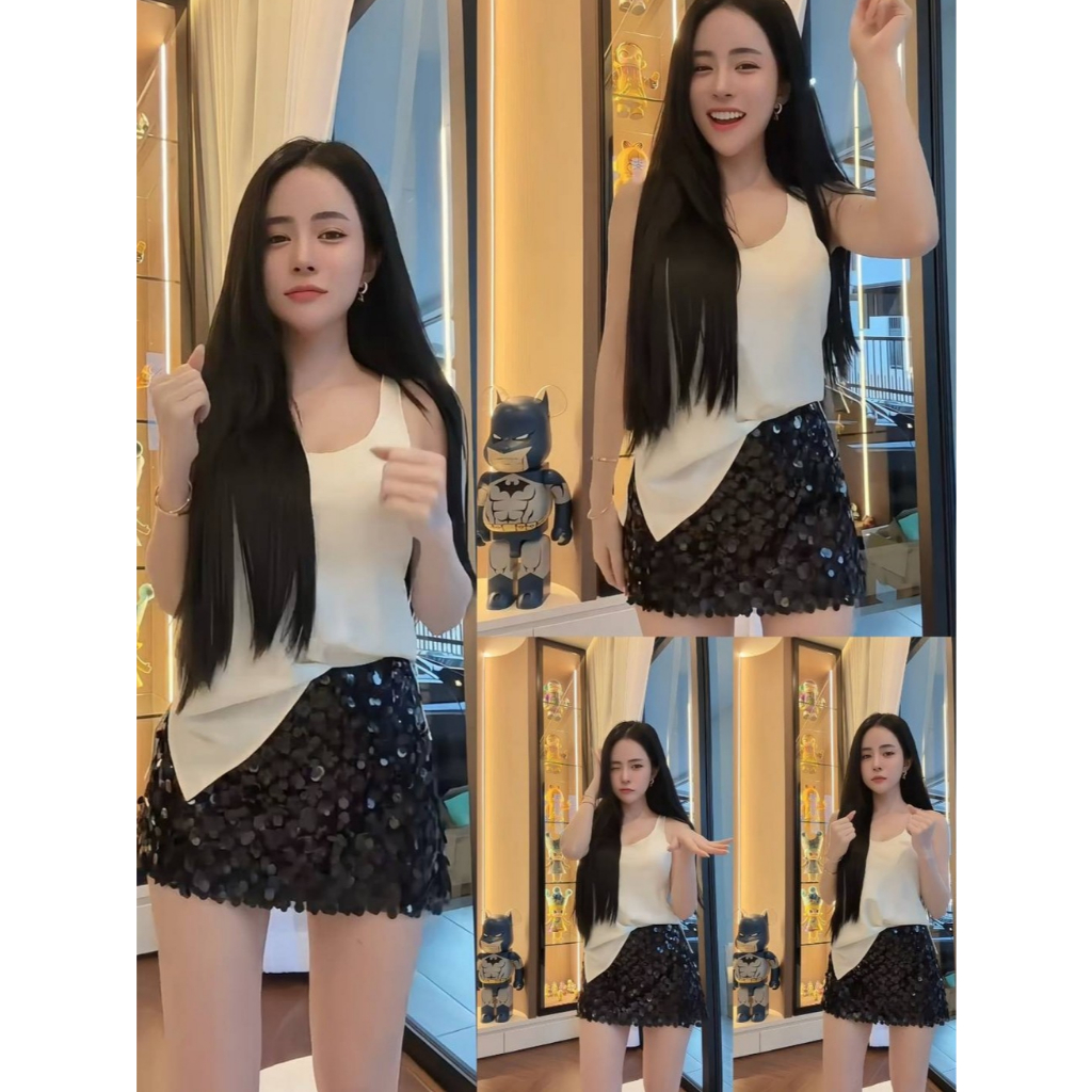 【KITTI-T】 KT 789 Set (2)ชิ้น เซ็ตแฟชั่นสไตล์โมเดิร์น หวานปนเซ็กซี่เบา ๆ เสื้อแขนกุดผ้าซาตินทรงปล่อย