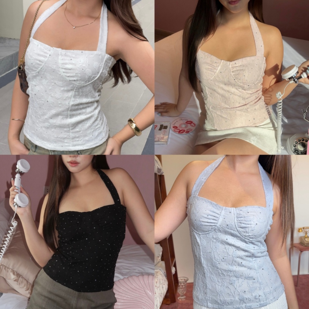 venice top by Duex Studio เสื้อผูกคอลูกไม้ปักเพชรสลับcrystalทรงcorsetแต่ไม่มีโครง