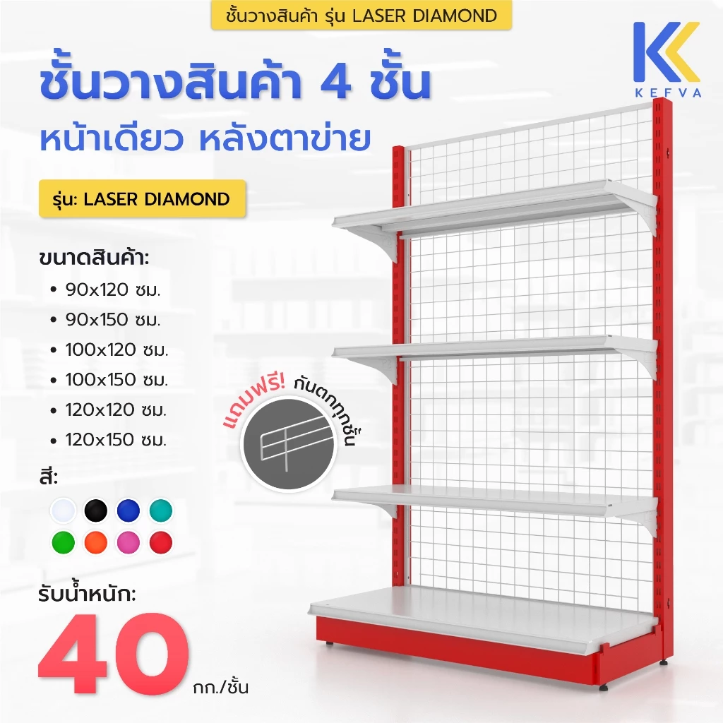 KEFVA ชั้นวางสินค้ามินิมาร์ท 4 ชั้น หน้าเดียว หลังตาข่าย สูง 120-150 cm รุ่น Laser Diamond 40kg (แถมฟรี! กันตก+กันเท้า)