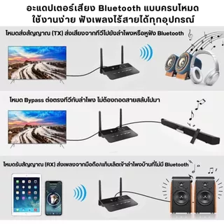Bluetooth 5.4 รับ–ส่งในตัว ระยะไกล 80M รองรับ 2 อุปกรณ์ หน่วงต่ำ aptX LL ใช้ได้กับทีวีทุกยี่ห้อ แบต 10 ชม. โหมด Bypass