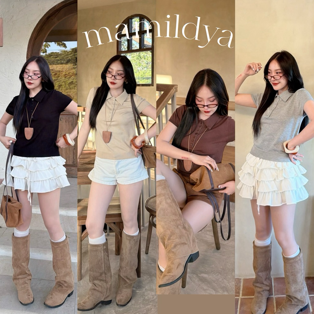 🌟Mamildya.shop🌟 เสื้อไหมพรมแขนสั้นคอปก/ V1-4/COOK-ไหมเบ⚫