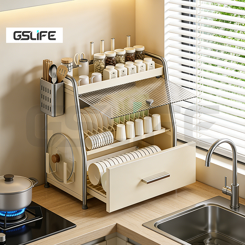 GSlife ตู้วางจาน ชั้นเก็บจาน พร้องถาดรองนน้ำ กันสนิม กันฝุ่น ชั้นวางของในครัว