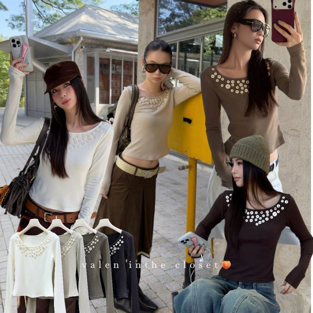 ส่งด่วน 🎄🎅🏻 25T637 MMFISH 𝗚𝗟𝗘𝗔𝗠 𝗕𝗘𝗔𝗗𝗦 𝗗𝗘𝗧𝗔𝗜𝗟 𝗙𝗜𝗧 𝗧𝗢𝗣  เสื้อคอปาดดีเทลแต่งกระดุม