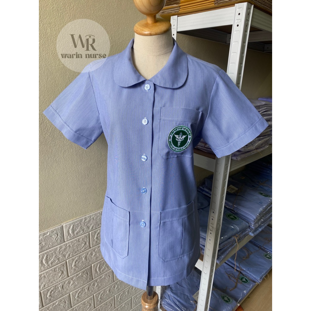 เสื้อสาธารณสุขริ้วฟ้าคอบัว ป้าย Warin Nurse