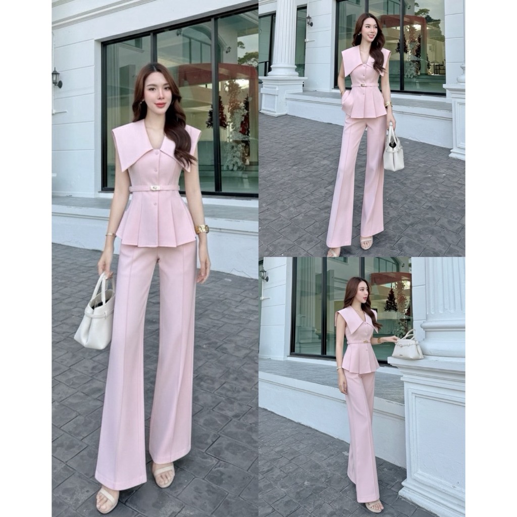 THE CLOSETA : LB587 ชุดเซ็ทเสื้อทรงคอปกใหญ่กระดุมหน้า พร้อมเข็มขัด กางเกงขายาวเข้าชุดผ้าสูท ราคา ถูกที่สุด ดีลบีเคเค แกลเลอรีภาพที่ 3