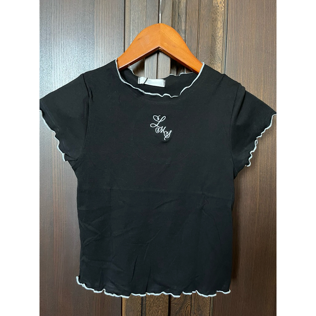 เสื้อยืดแขนสั้น เสื้อครอป ขอบหยัก Lettuce Top ป้าย La_maisons -สีดำ Freesize