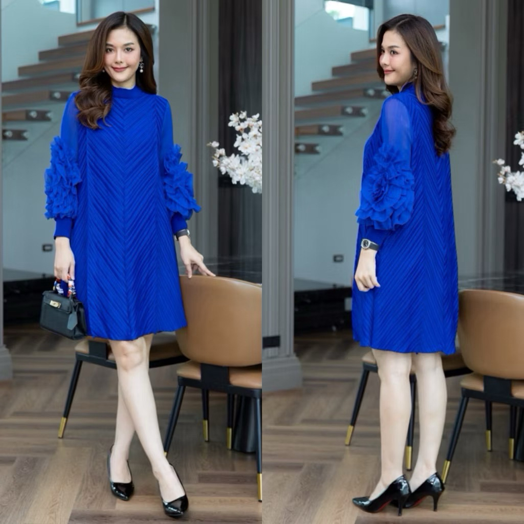 📌ทักก่อนสั่ง นางแบบสูง 174 Cm 📌 เดรสอัดพลีท อก42“-60” ชีฟองแต่งดอกไม้ cutie - รูปที่ 7